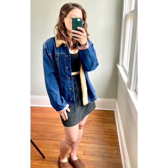 Vintage Y2K 90s Denim April Cornell Faux Fur Pink Floral Trim Jean Jacket L - Picture 9 of 11